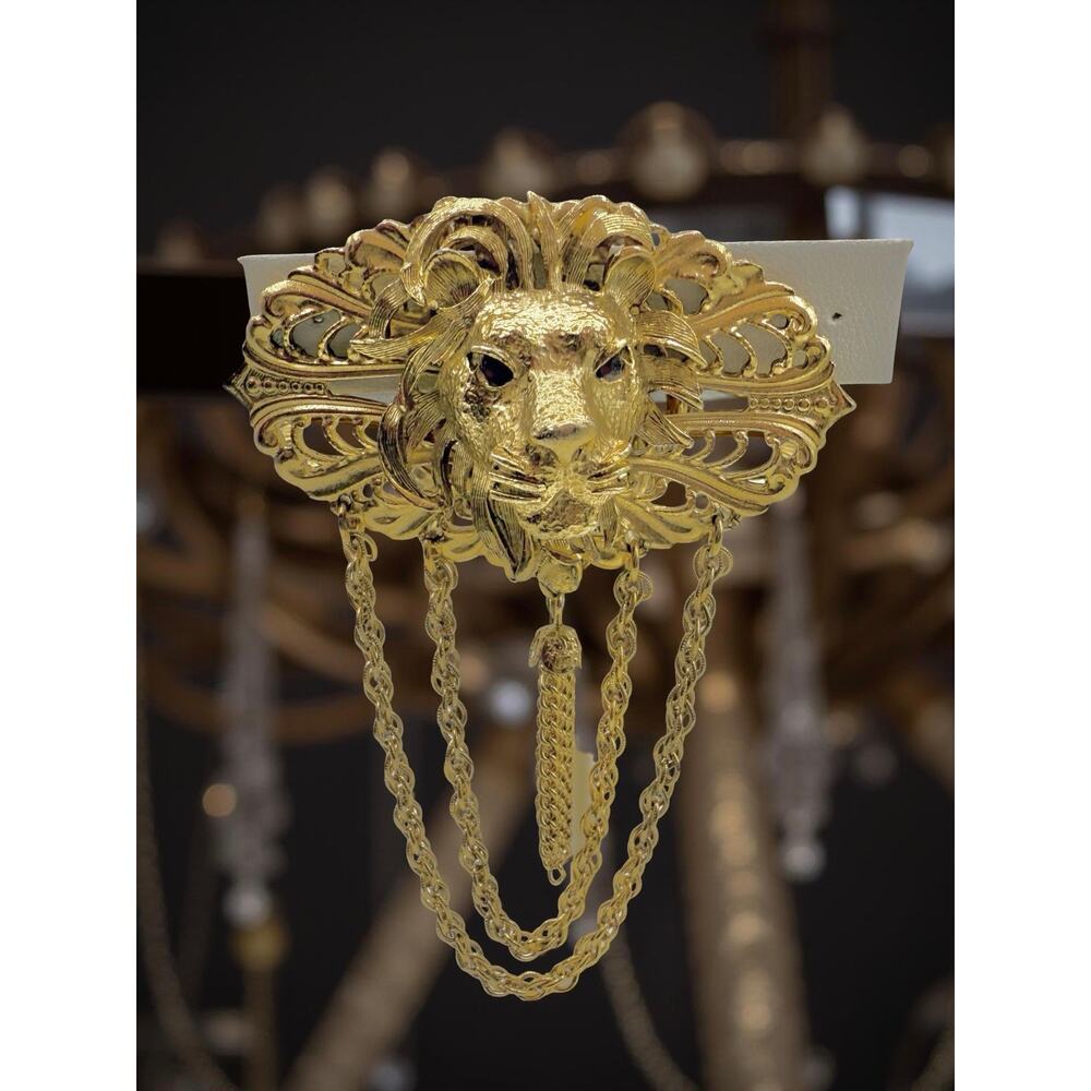 Rare Vintage Filigree Lion Head Chain Brooch Art Nouveau Style